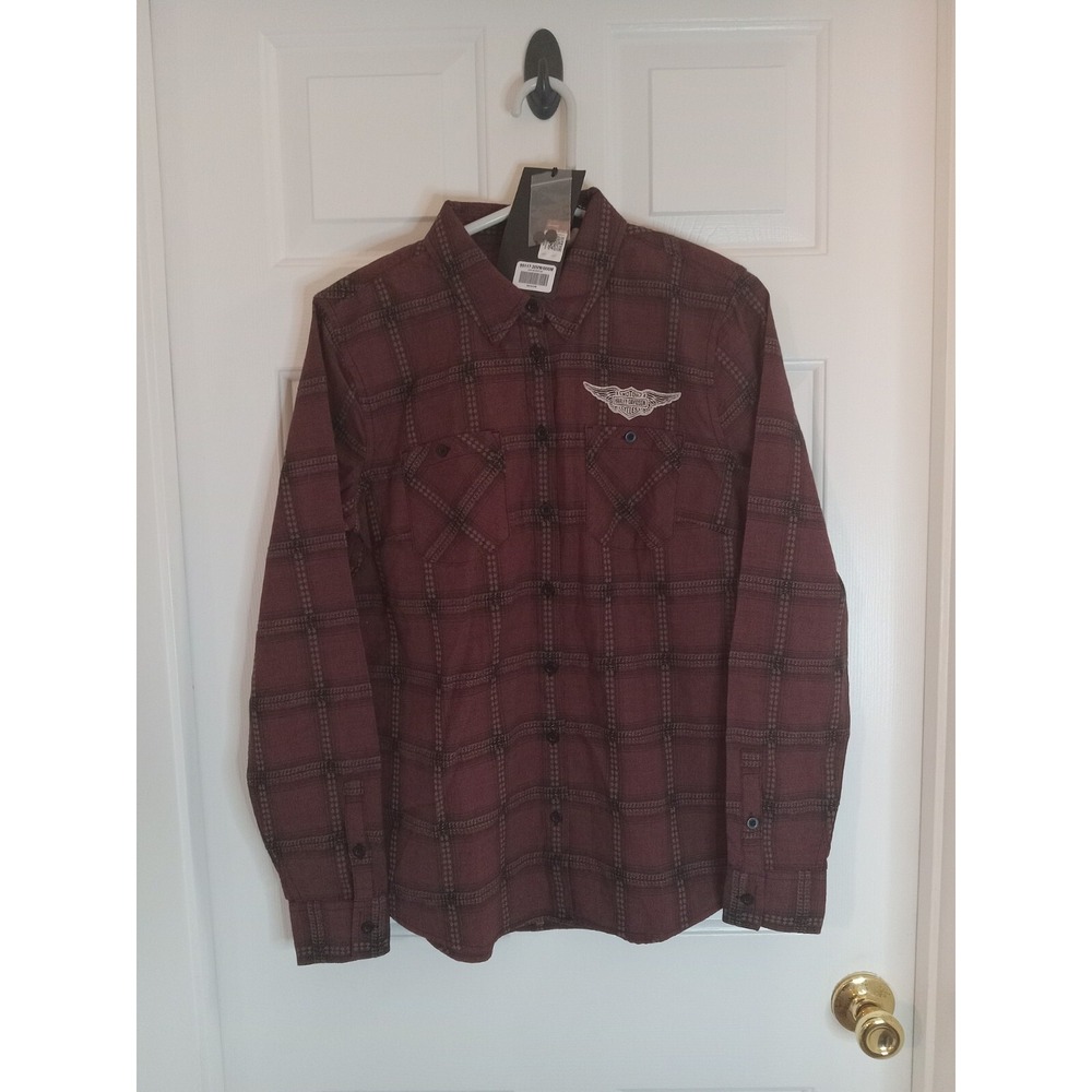 New Harley Davidson Womens Sz MEDIUM Red Plaid Button‎ Front Shirt Top Blouse